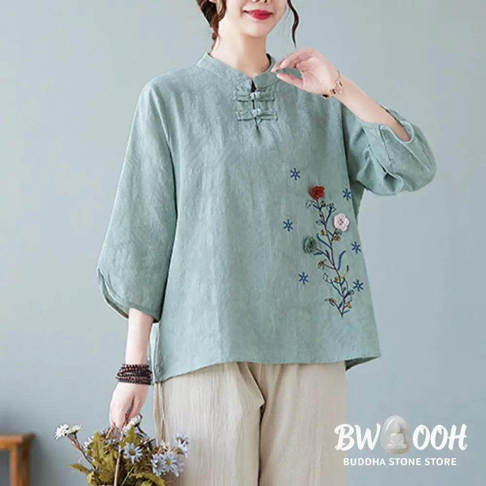 Buddha Stones Vintage Summer Stereoscopic Flower Embroidery Three Quarter Sleeve Frog-Button Cotton Linen Women’s Shirt