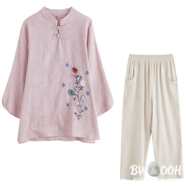 Buddha Stones Vintage Summer Stereoscopic Flower Embroidery Three Quarter Sleeve Frog-Button Cotton Linen Women’s Shirt