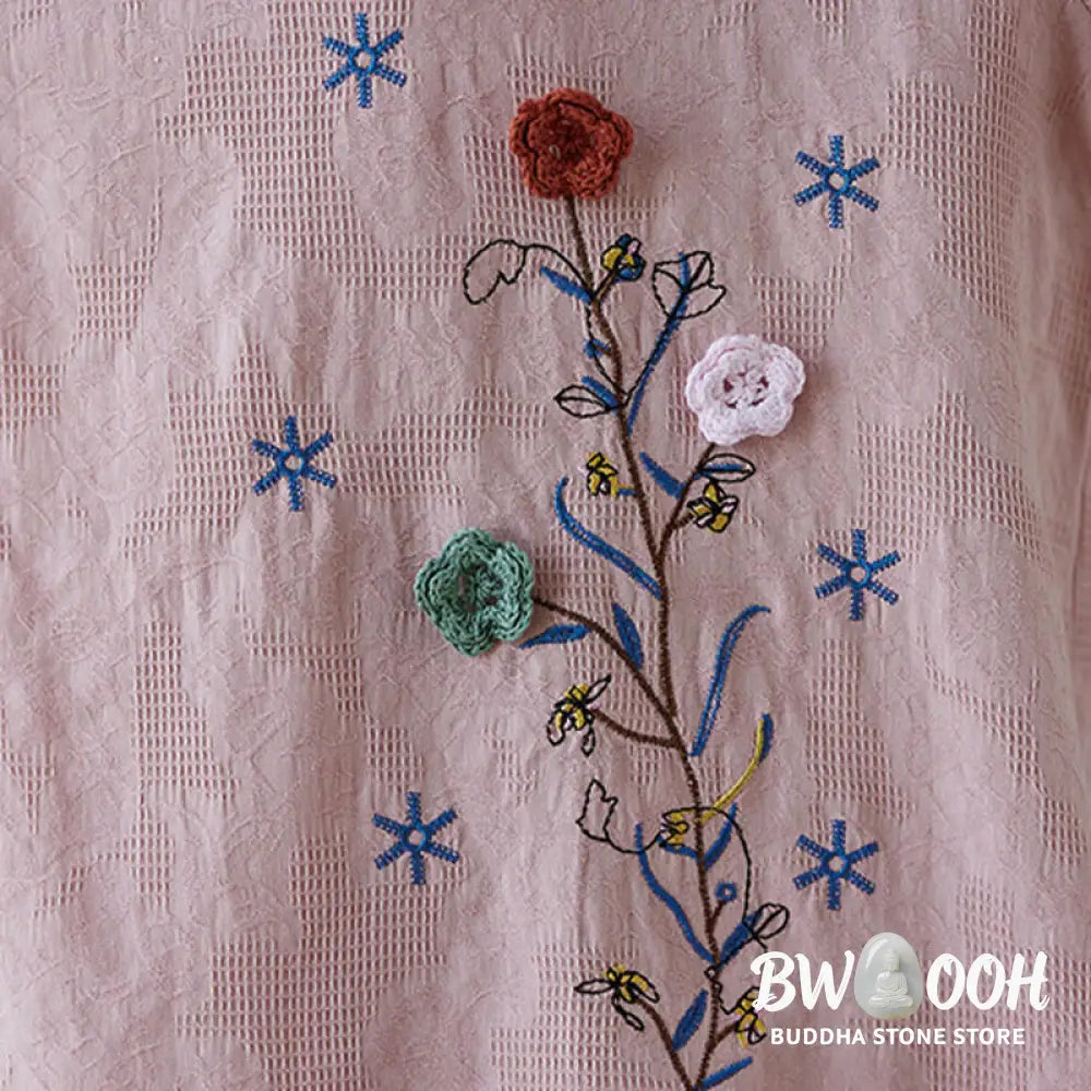 Buddha Stones Vintage Summer Stereoscopic Flower Embroidery Three Quarter Sleeve Frog-Button Cotton Linen Women’s Shirt