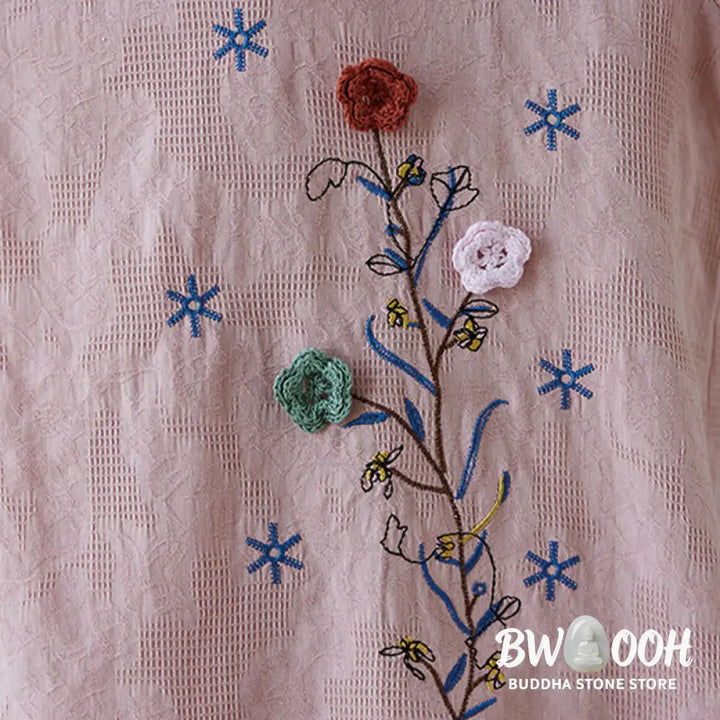 Buddha Stones Vintage Summer Stereoscopic Flower Embroidery Three Quarter Sleeve Frog-Button Cotton Linen Women’s Shirt