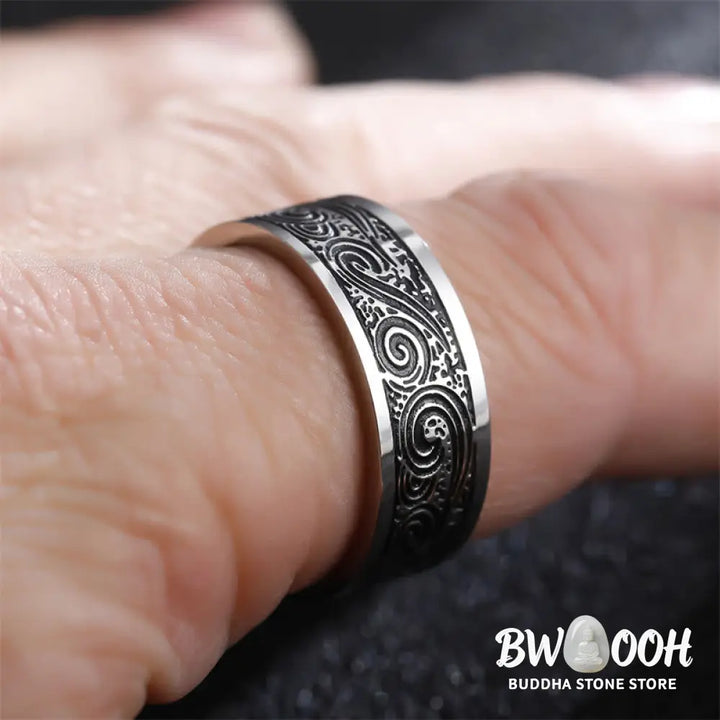 Buddha Stones Vintage Wave Auspicious Clouds Engraved Pattern Titanium Steel Balance Ring - BWOOOH - Ring