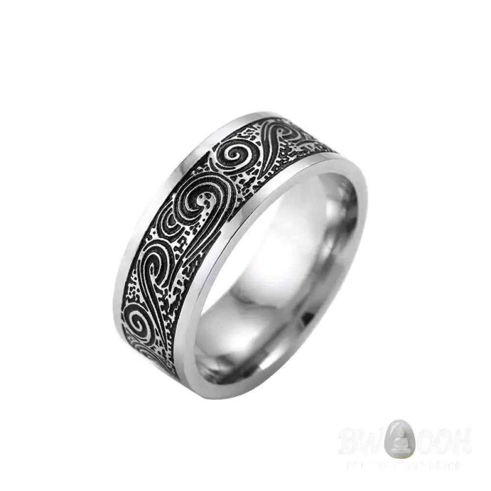 Buddha Stones Vintage Wave Auspicious Clouds Engraved Pattern Titanium Steel Balance Ring - BWOOOH - Ring
