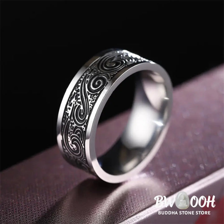 Buddha Stones Vintage Wave Auspicious Clouds Engraved Pattern Titanium Steel Balance Ring - BWOOOH - Ring