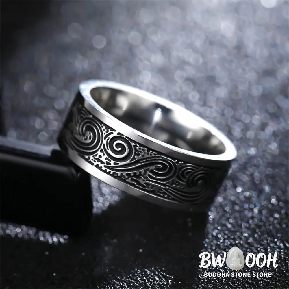 Buddha Stones Vintage Wave Auspicious Clouds Engraved Pattern Titanium Steel Balance Ring - BWOOOH - Ring
