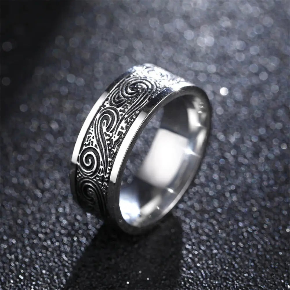 BWOOOH Vintage Wave Auspicious Clouds Engraved Pattern Titanium Steel Balance Ring — natural stone crystal healing bracele...