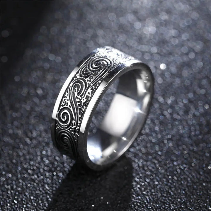 BWOOOH Vintage Wave Auspicious Clouds Engraved Pattern Titanium Steel Balance Ring — natural stone crystal healing bracele...