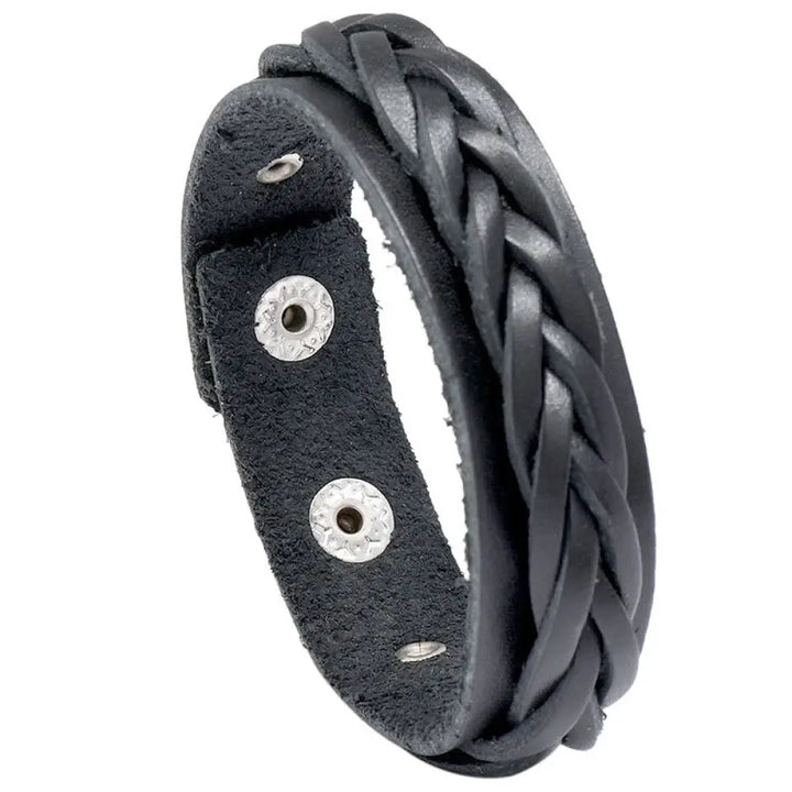 Buddha Stones Vintage Weaving Leather Adjustable Buckle Strengthen Bracelet - Black(Wrist Circumference: 17-19cm)