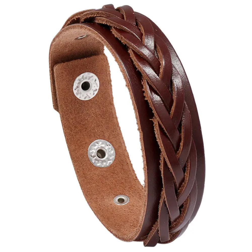 Buddha Stones Vintage Weaving Leather Adjustable Buckle Strengthen Bracelet - Brown(Wrist Circumference: 17-20cm)