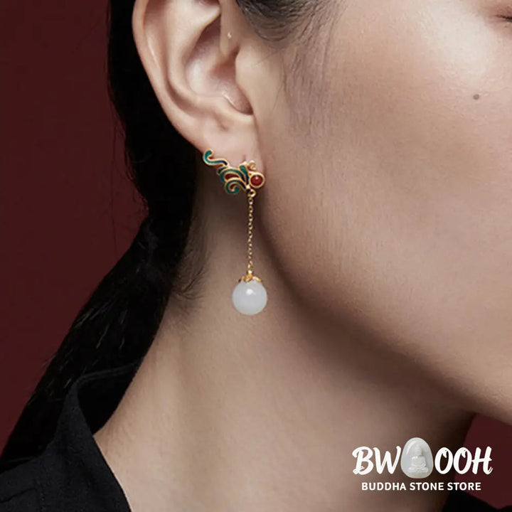 Buddha Stones Vintage White Jade Red Agate Bead Blessing Drop Dangle Earrings - White Jade(Protection♥Happiness)
