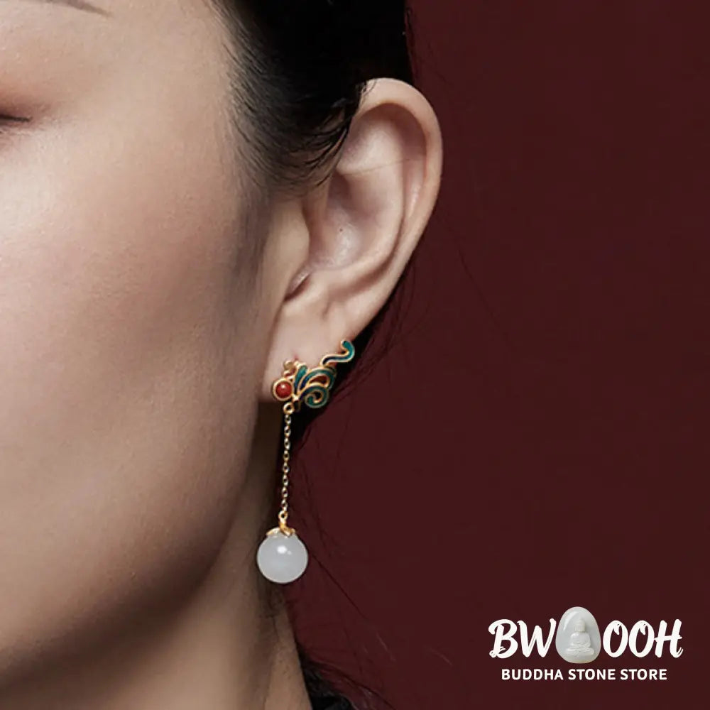 Buddha Stones Vintage White Jade Red Agate Bead Blessing Drop Dangle Earrings - White Jade(Protection♥Happiness)