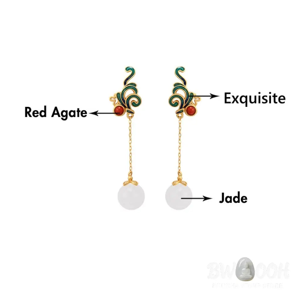 Buddha Stones Vintage White Jade Red Agate Bead Blessing Drop Dangle Earrings - White Jade(Protection♥Happiness)