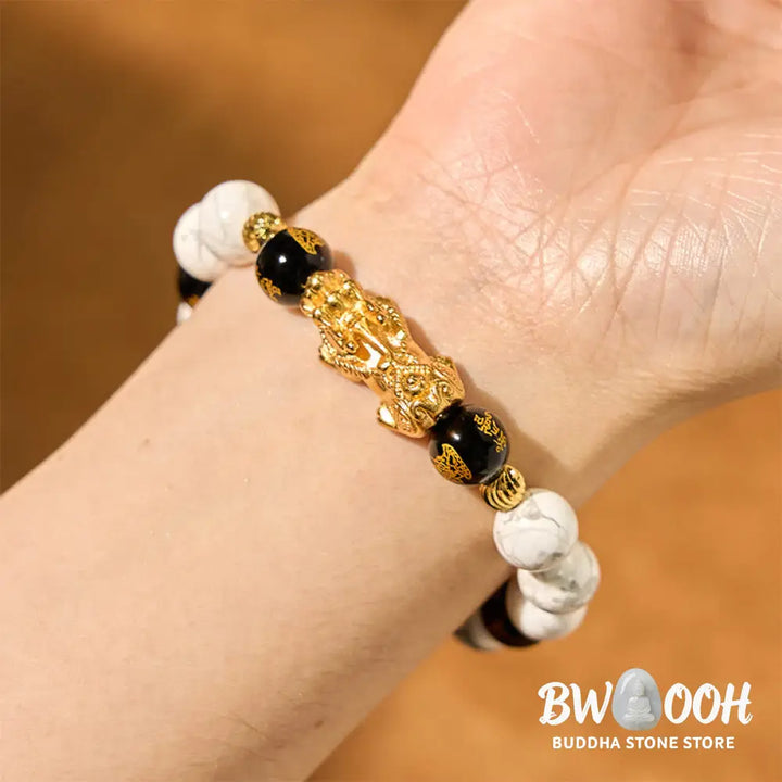 Buddha Stones Vintage White Turquoise Black Onyx Pixiu Beads Blessing Bracelet - BWOOOH - White Turquoisep PiXiu (Wrist
