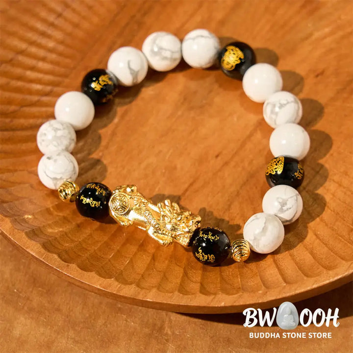 Buddha Stones Vintage White Turquoise Black Onyx Pixiu Beads Blessing Bracelet - BWOOOH - White Turquoisep PiXiu (Wrist