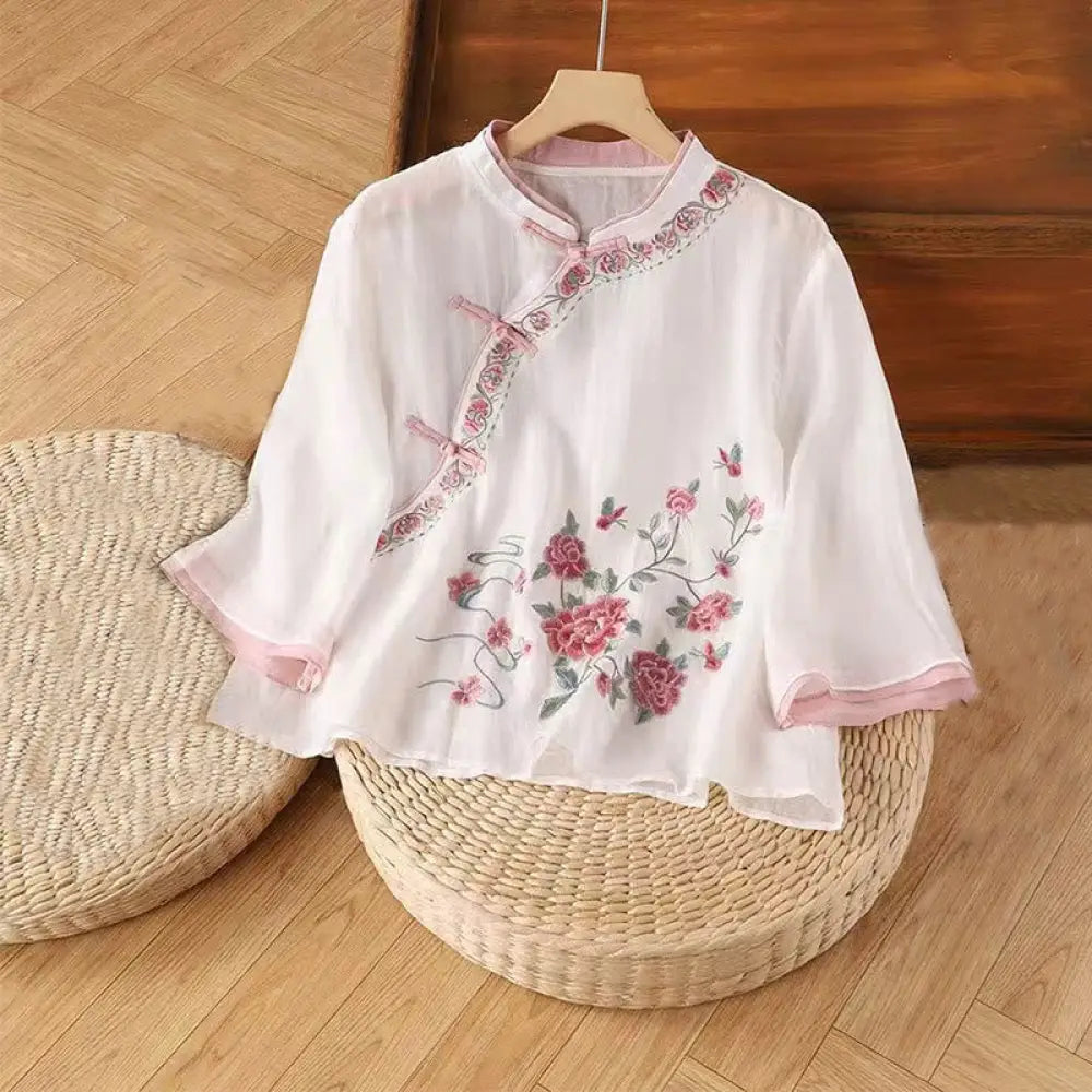 Buddha Stones Vintage Zen Embroidery Plant Floral Pattern Chinese Frog-Button Design Three Quarter Sleeve Women’s