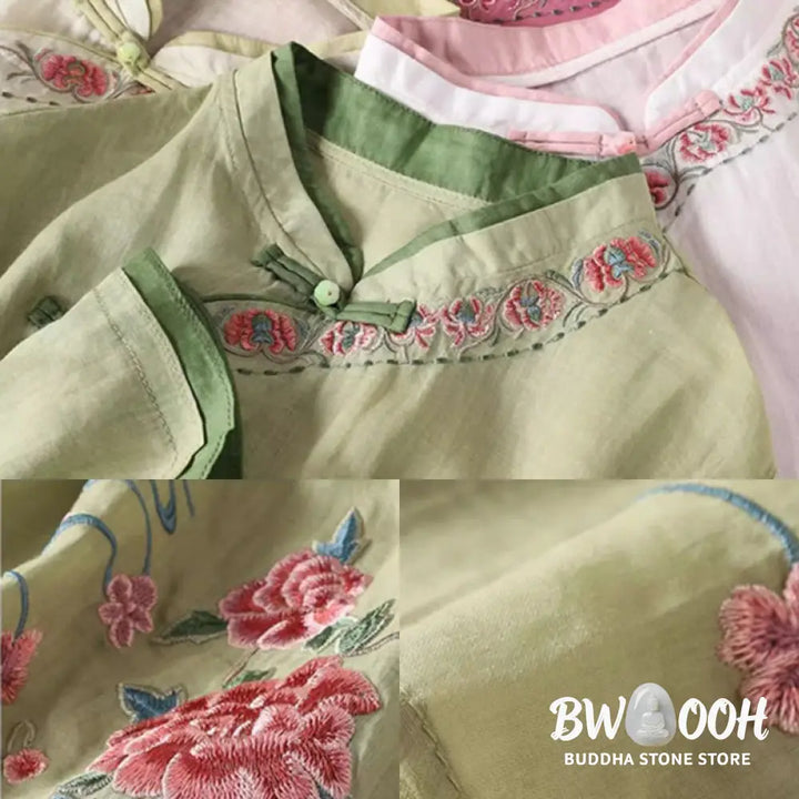 Buddha Stones Vintage Zen Embroidery Plant Floral Pattern Chinese Frog-Button Design Three Quarter Sleeve Women’s