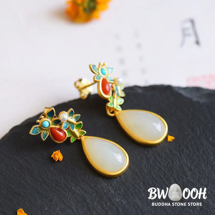 Buddha Stones Water Drop White Jade Red Agate Butterfly Protection Drop Dangle Earrings - White
