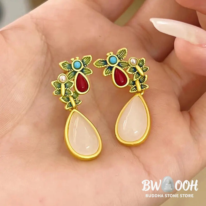 Buddha Stones Water Drop White Jade Red Agate Butterfly Protection Drop Dangle Earrings - White