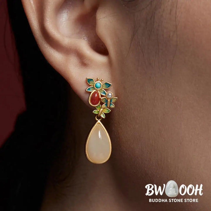 Buddha Stones Water Drop White Jade Red Agate Butterfly Protection Drop Dangle Earrings - White
