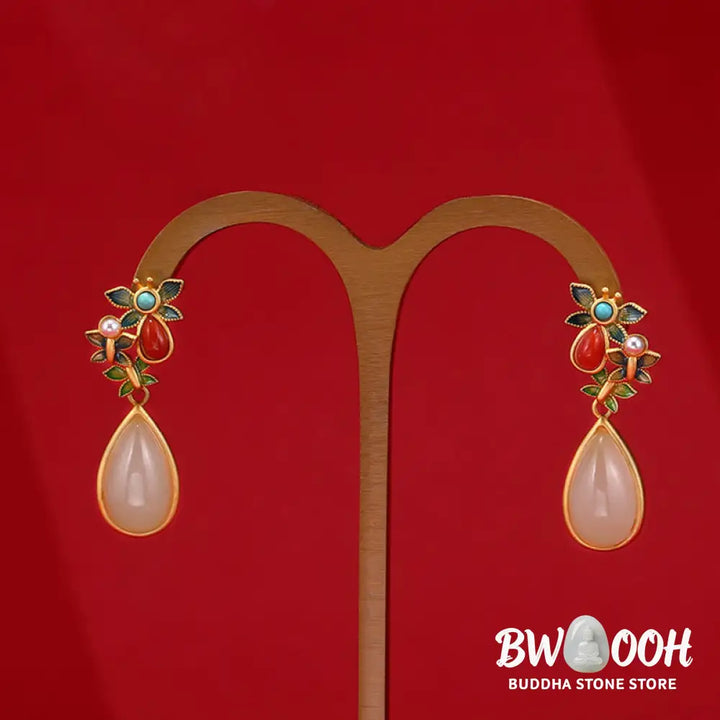 Buddha Stones Water Drop White Jade Red Agate Butterfly Protection Drop Dangle Earrings - White