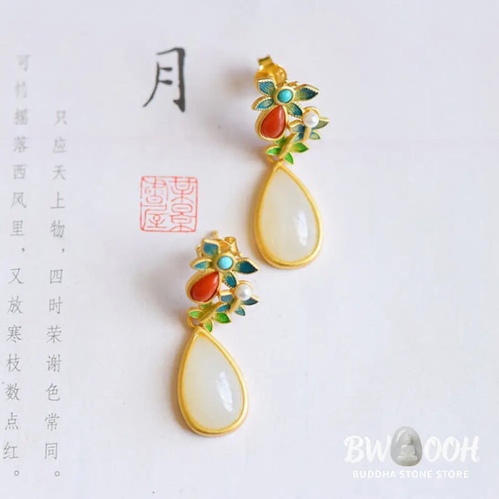 Buddha Stones Water Drop White Jade Red Agate Butterfly Protection Drop Dangle Earrings - White