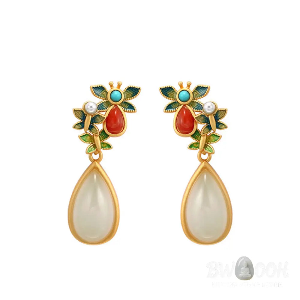 Buddha Stones Water Drop White Jade Red Agate Butterfly Protection Drop Dangle Earrings - White