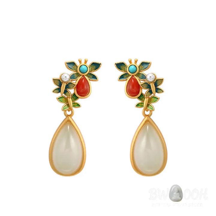 Buddha Stones Water Drop White Jade Red Agate Butterfly Protection Drop Dangle Earrings - White