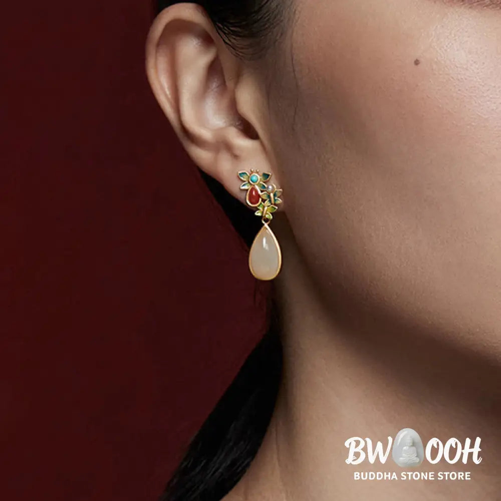 Buddha Stones Water Drop White Jade Red Agate Butterfly Protection Drop Dangle Earrings - White