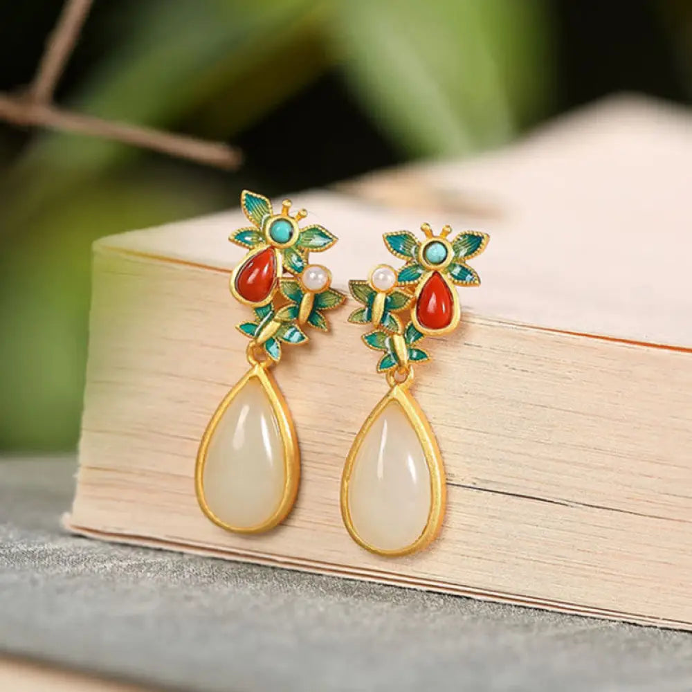BWOOOH Water Drop White Jade Red Agate Butterfly Protection Drop Dangle Earrings — White Jade jade bracelet for spiritual ...