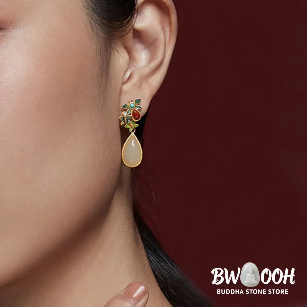 Buddha Stones Water Drop White Jade Red Agate Butterfly Protection Drop Dangle Earrings - White