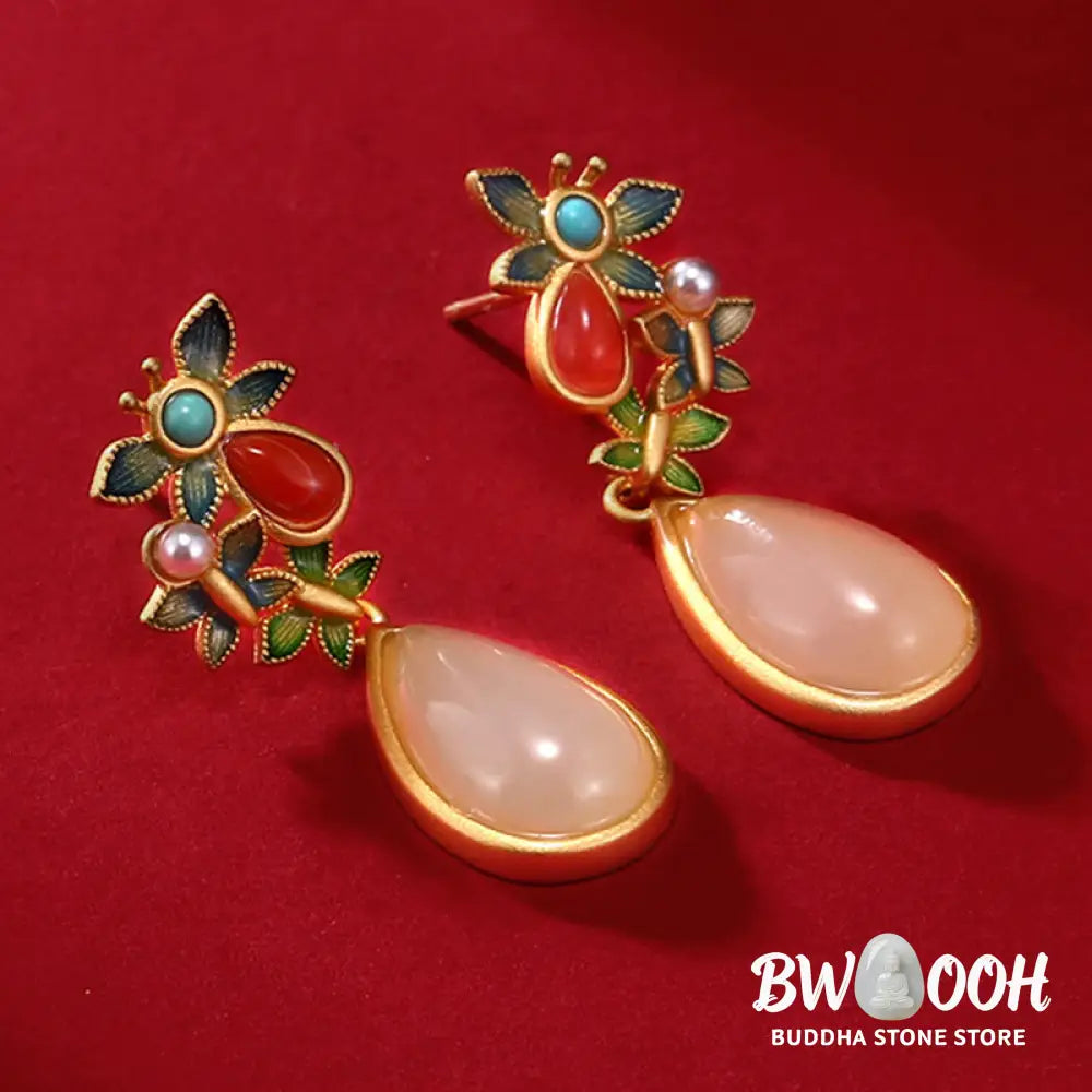 Buddha Stones Water Drop White Jade Red Agate Butterfly Protection Drop Dangle Earrings - White