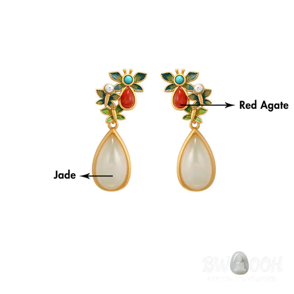 Buddha Stones Water Drop White Jade Red Agate Butterfly Protection Drop Dangle Earrings - White