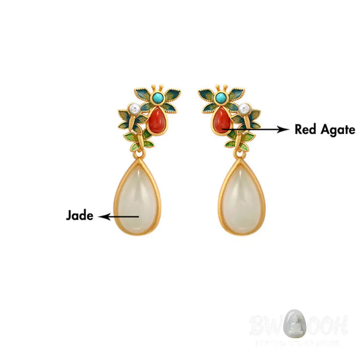Buddha Stones Water Drop White Jade Red Agate Butterfly Protection Drop Dangle Earrings - White