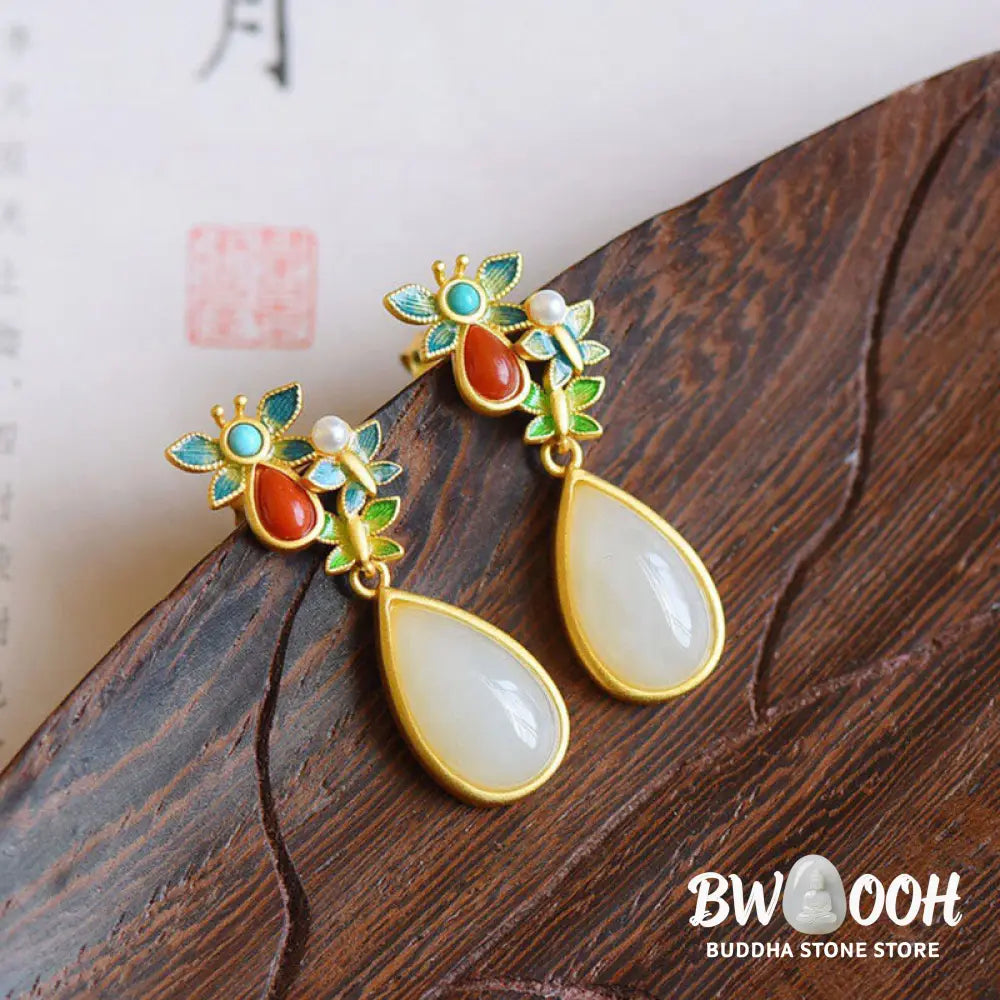 Buddha Stones Water Drop White Jade Red Agate Butterfly Protection Drop Dangle Earrings - White