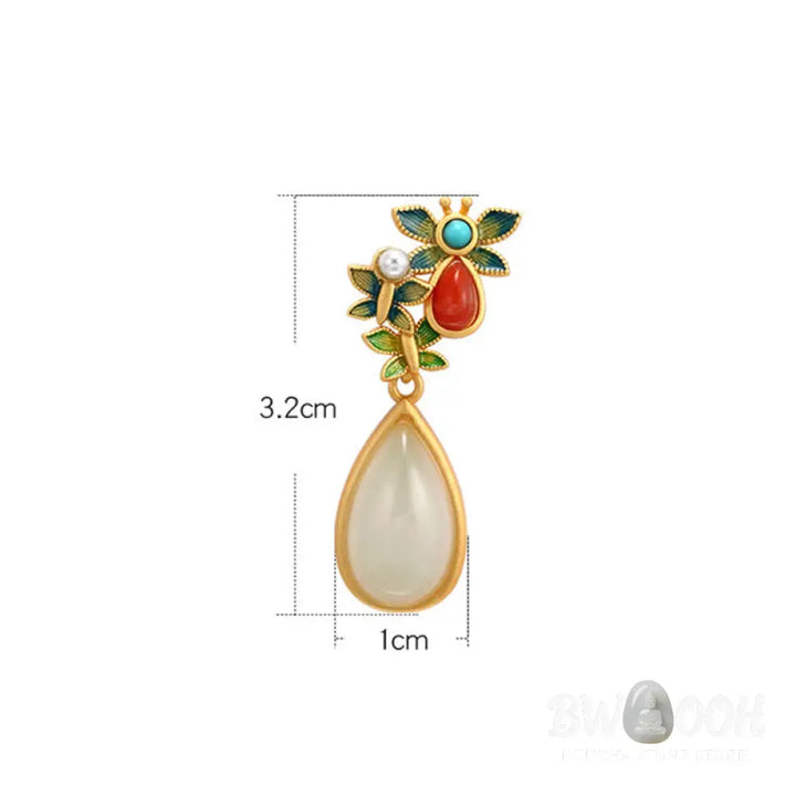 Buddha Stones Water Drop White Jade Red Agate Butterfly Protection Drop Dangle Earrings - White