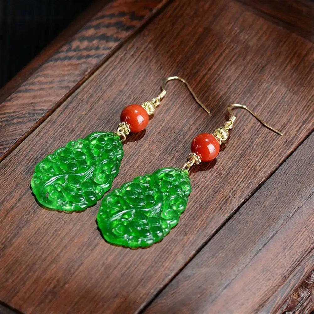 Buddha Stones Water Droplet Hollow Shape Jade Red Agate 925 Sterling Silver Luck Earrings - Jade & Red Agate & Silver