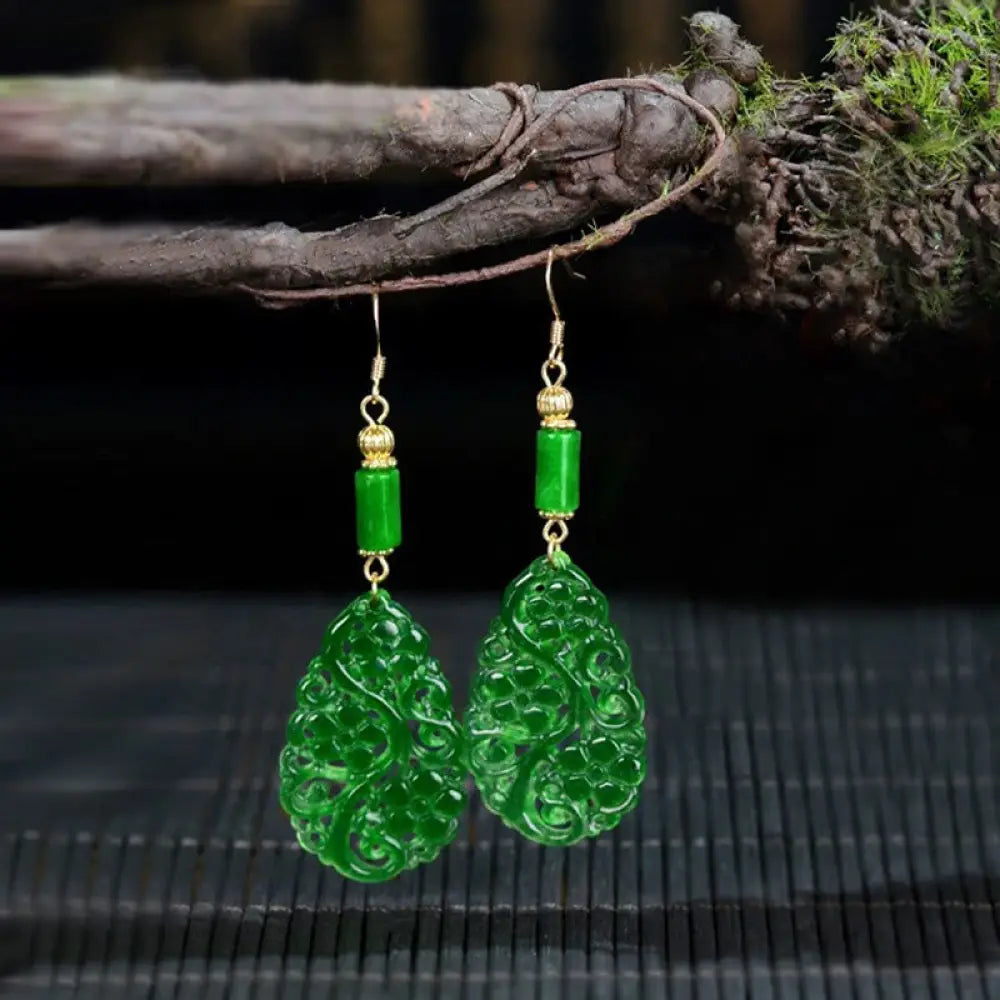 Buddha Stones Water Droplet Hollow Shape Jade Red Agate 925 Sterling Silver Luck Earrings - Jade &amp; Silver Posts