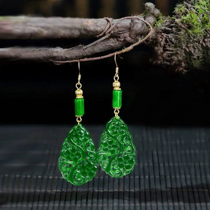 Buddha Stones Water Droplet Hollow Shape Jade Red Agate 925 Sterling Silver Luck Earrings - Jade &amp; Silver Posts