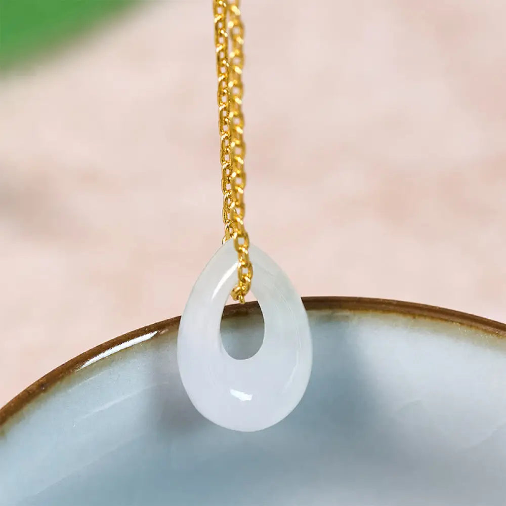Buddha Stones Water Droplet White Jade Luck Necklace Pendant - Natural Jade(Color May Vary) / Golden - Necklaces &