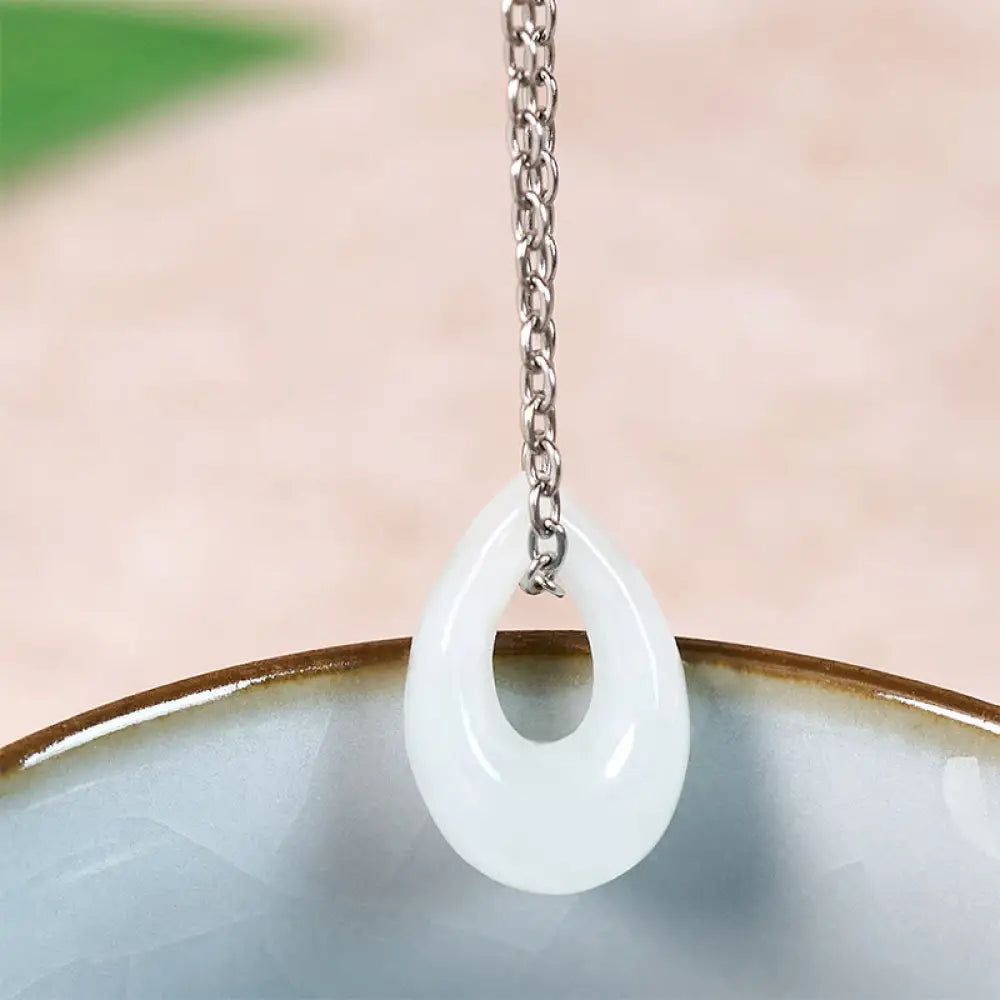 Buddha Stones Water Droplet White Jade Luck Necklace Pendant - Natural Jade(Color May Vary) / Silver - Necklaces &amp;
