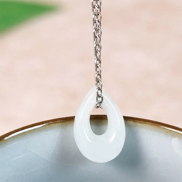 Buddha Stones Water Droplet White Jade Luck Necklace Pendant - Natural Jade(Color May Vary) / Silver - Necklaces &amp;