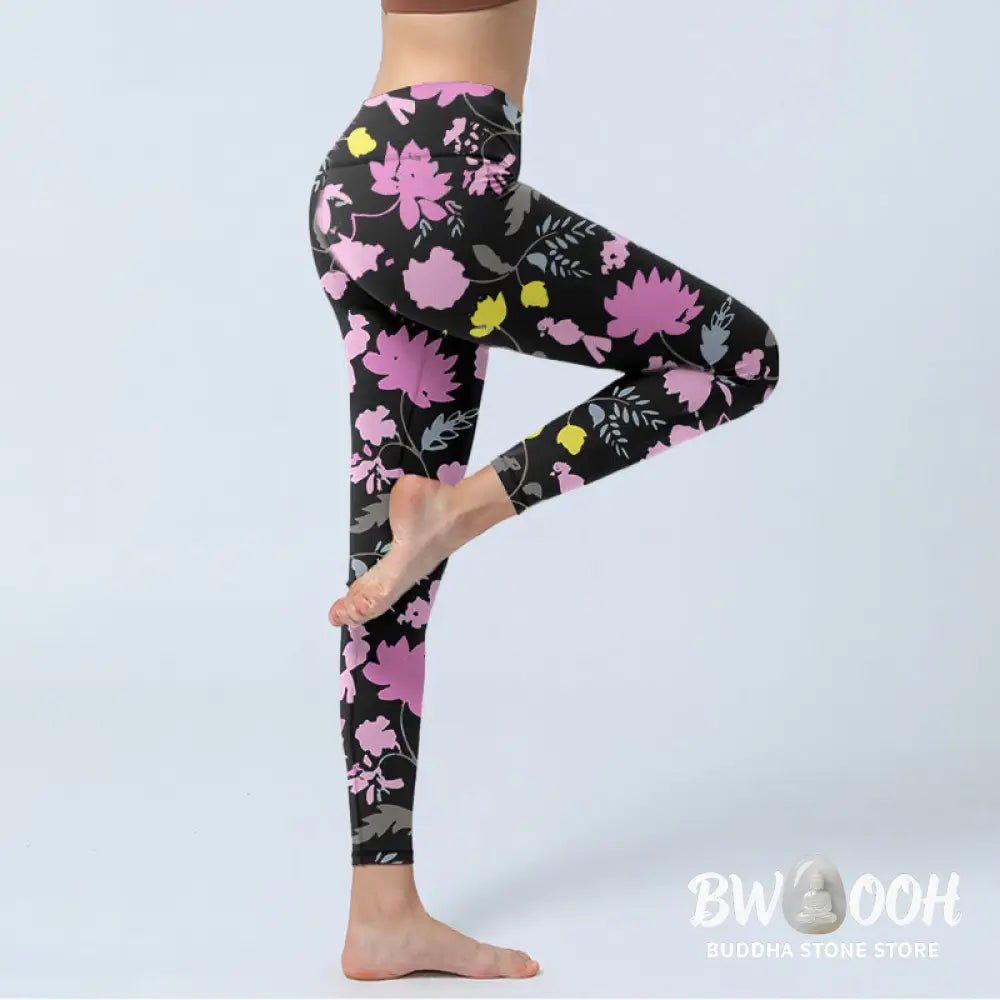 Buddha Stones Watercolor Style Softly Colored Flower Leaf Pattern Print Gym Leggings Women&