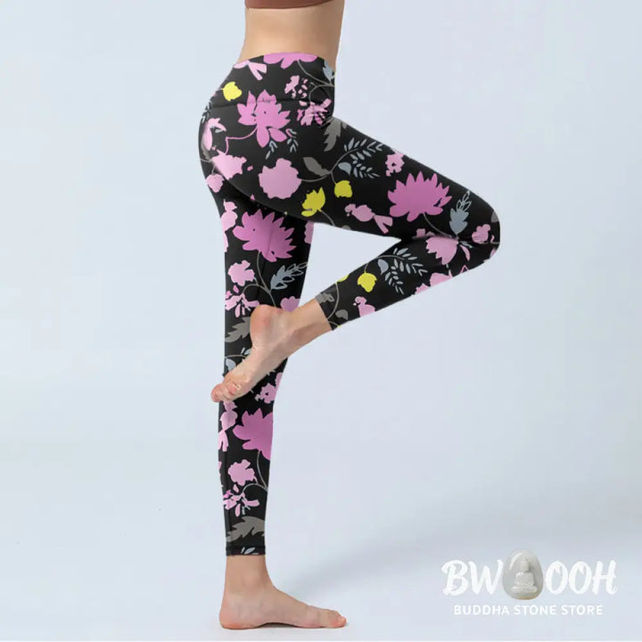 Buddha Stones Watercolor Style Softly Colored Flower Leaf Pattern Print Gym Leggings Women&