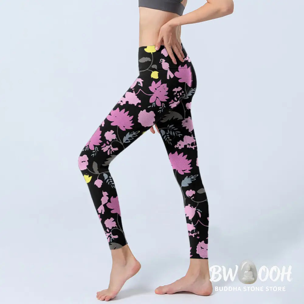 Buddha Stones Watercolor Style Softly Colored Flower Leaf Pattern Print Gym Leggings Women&