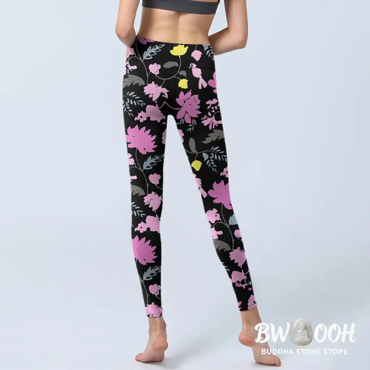 Buddha Stones Watercolor Style Softly Colored Flower Leaf Pattern Print Gym Leggings Women&