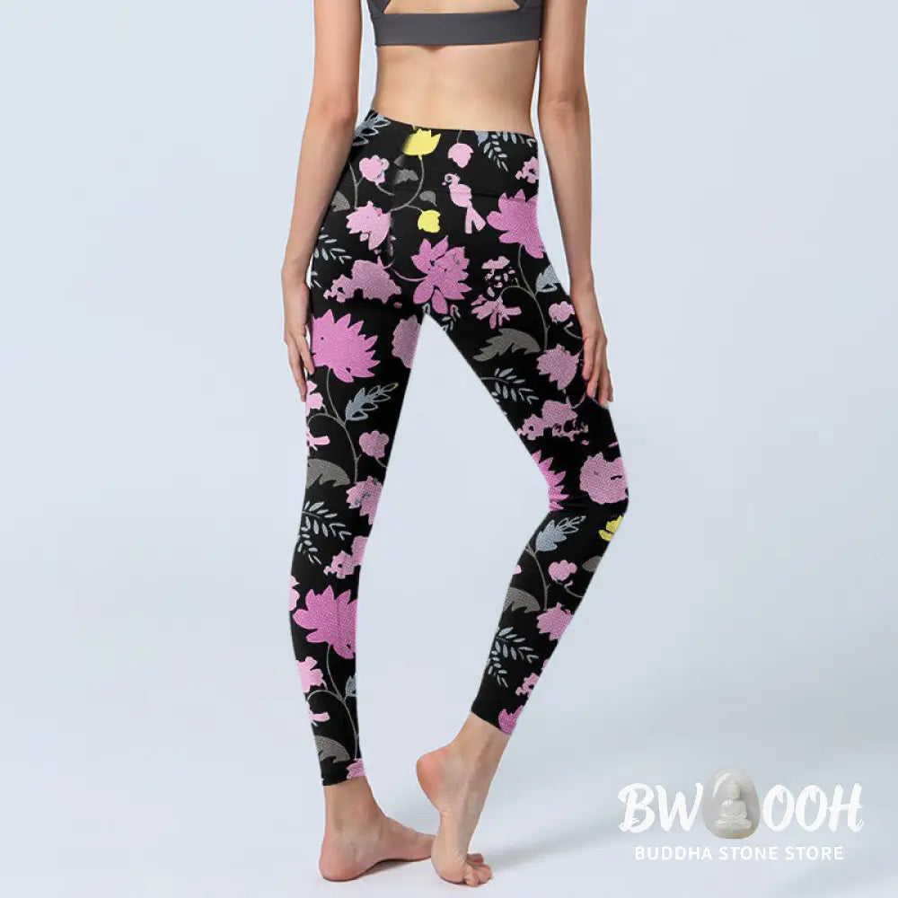 Buddha Stones Watercolor Style Softly Colored Flower Leaf Pattern Print Gym Leggings Women&