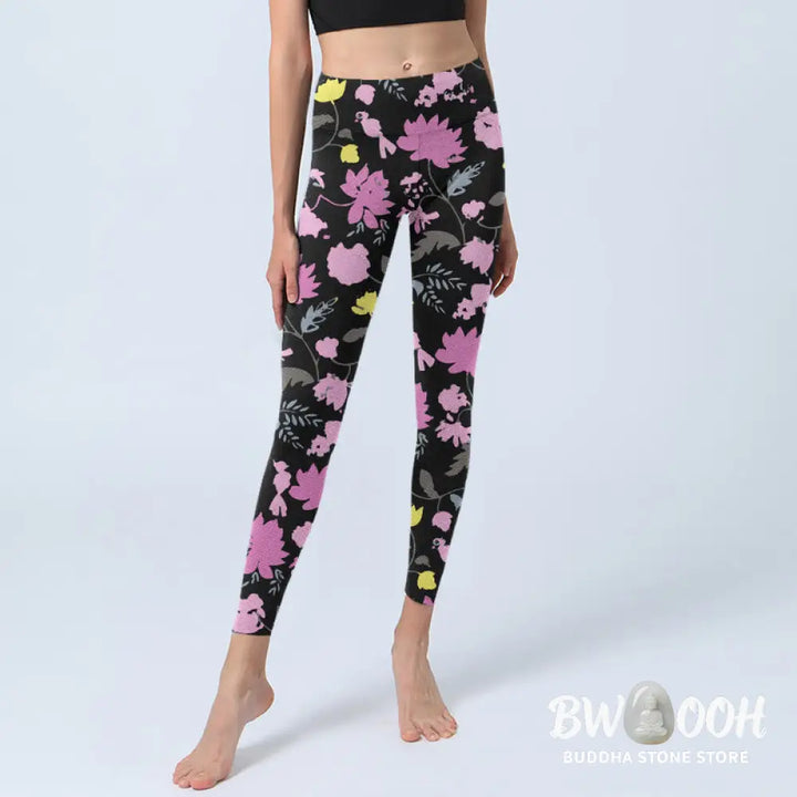 Buddha Stones Watercolor Style Softly Colored Flower Leaf Pattern Print Gym Leggings Women&