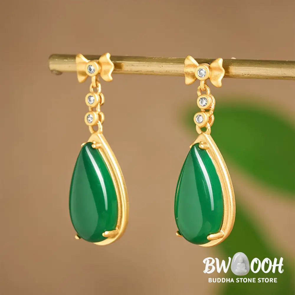 Buddha Stones Waterdrop Design Green Jasper Copper Plated Gold Balance Earrings - Green Jasper(Size: 10*30mm) - Earrings