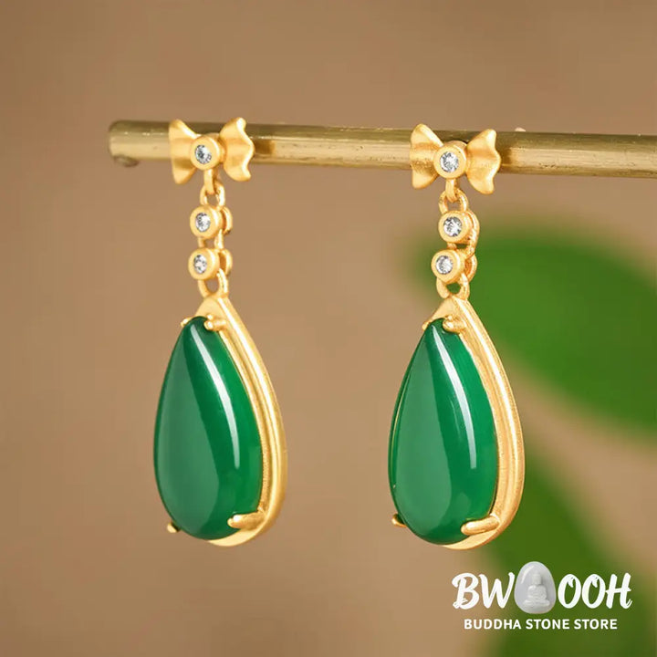 Buddha Stones Waterdrop Design Green Jasper Copper Plated Gold Balance Earrings - Green Jasper(Size: 10*30mm) - Earrings