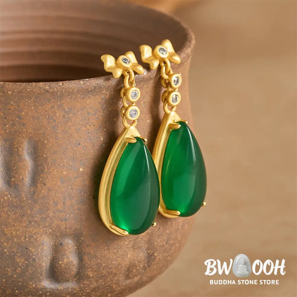 Buddha Stones Waterdrop Design Green Jasper Copper Plated Gold Balance Earrings - Green Jasper(Size: 10*30mm) - Earrings