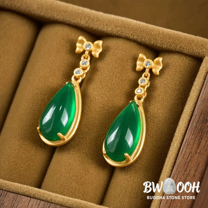 Buddha Stones Waterdrop Design Green Jasper Copper Plated Gold Balance Earrings - Green Jasper(Size: 10*30mm) - Earrings